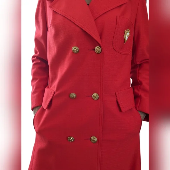Vintage Smug Red Double Breasted Blazer Coat Gold Crest Buttons Preppy 70s Mod - Picture 9 of 9